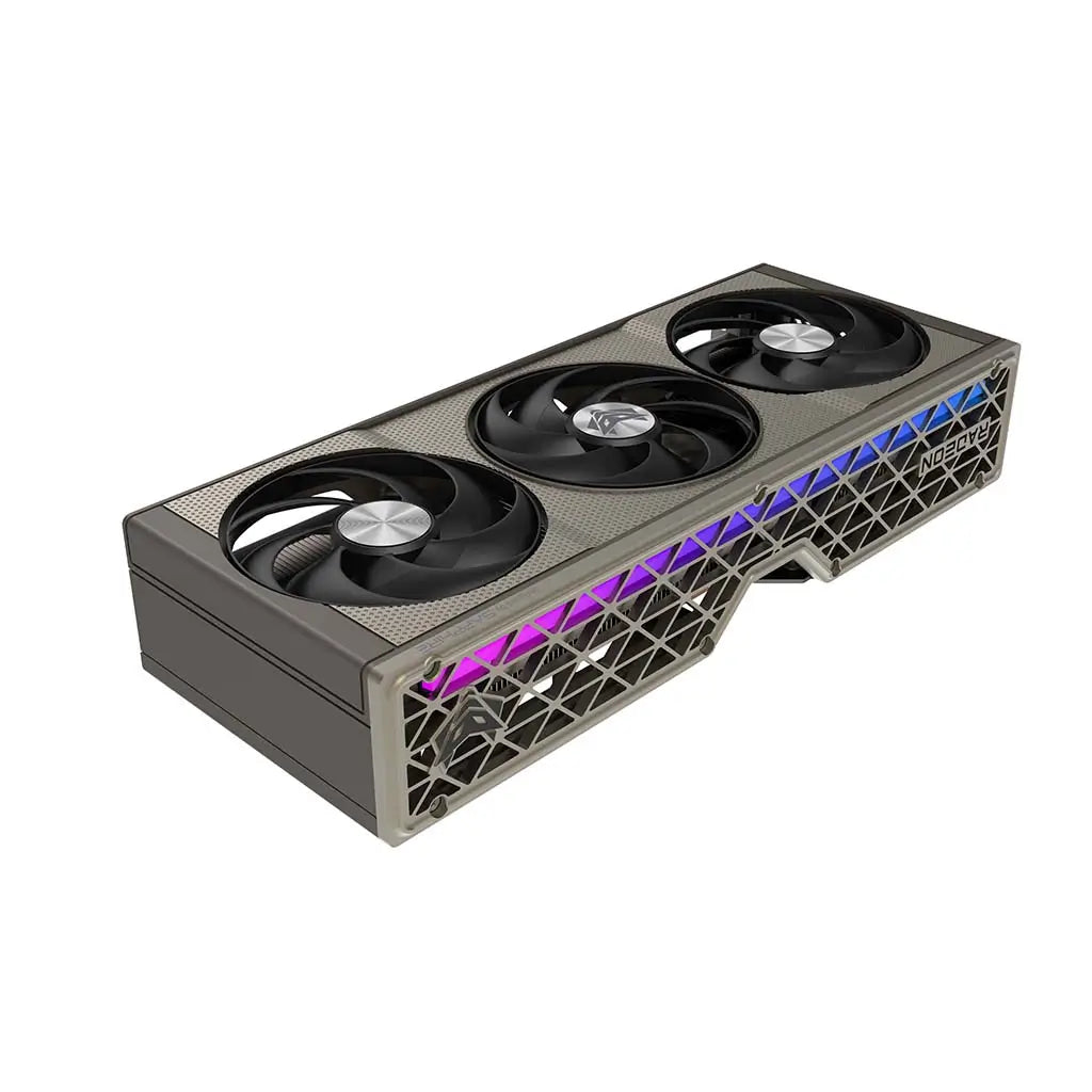 Close-up of the Tri-X cooling system on the Sapphire NITRO+ RX 9060 XT, available for the best price in UAE. Close-up of the Tri-X cooling system on the Sapphire NITRO+ RX 9060 XT, available for the best price in UAE.